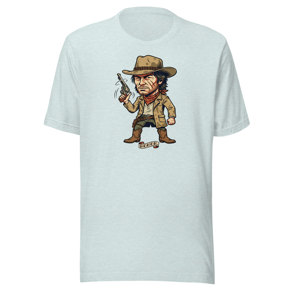 Scarred Outlaw Revolver Spinner Tattoo Flash Tee — heather prism ice blue front view