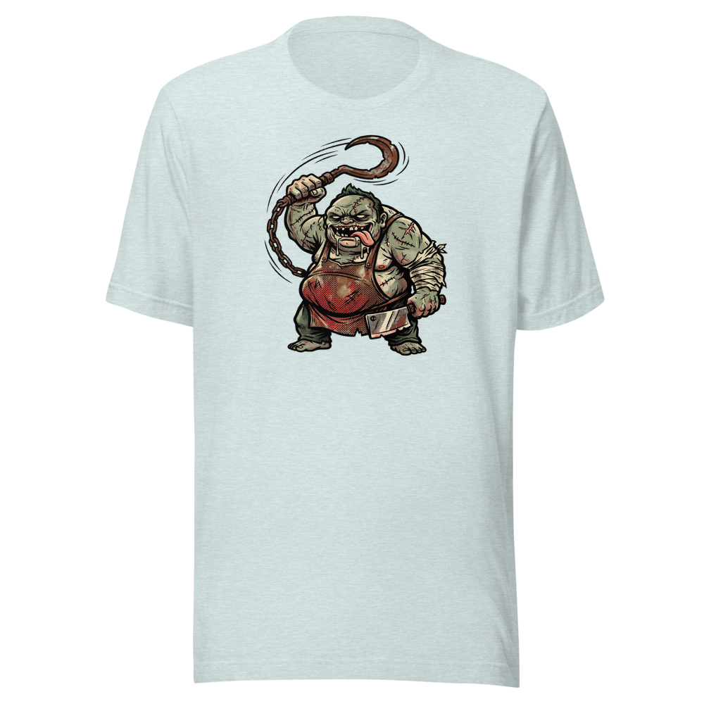 Butcher Hook Pop Art Halftone Gaming Tee — heather prism ice blue front view