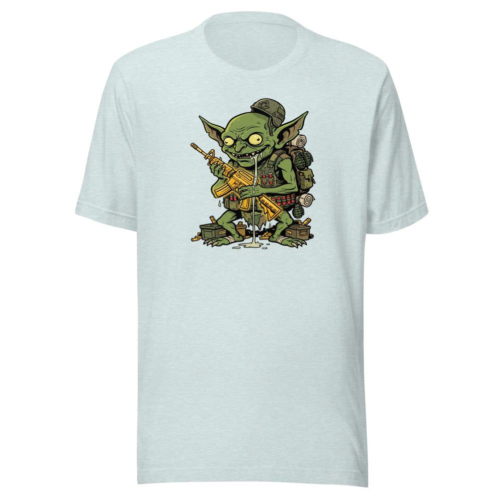 Loot Gremlin Gold Rifle Battle Royale Gamer Tee — heather prism ice blue front view