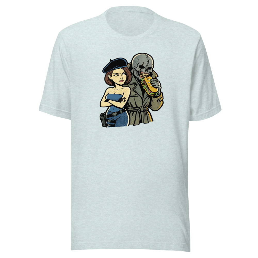 Parisian Beret Survival Horror Sandwich Parody Tee — heather prism ice blue front view