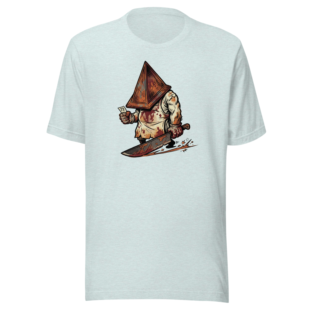 Horror Executioner at the DMV Halftone Parody Tee — heather prism ice blue front view