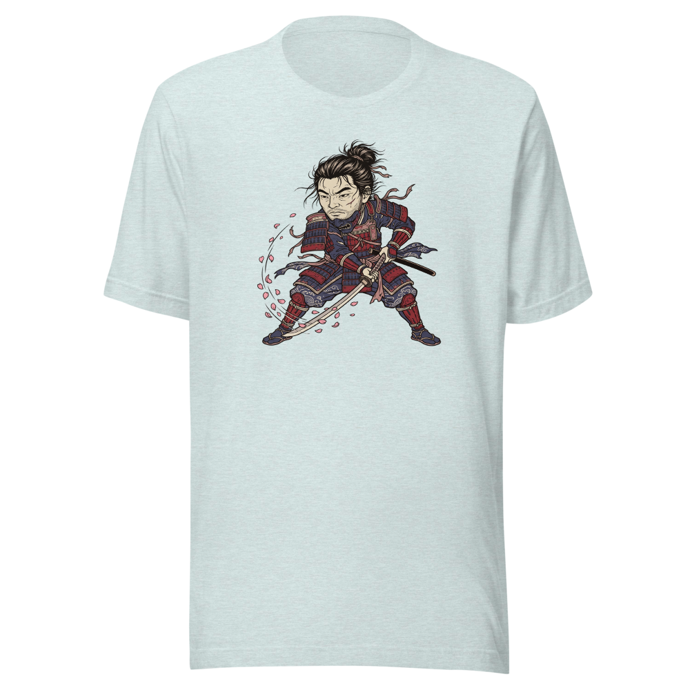 Lone Samurai Ghost Ukiyo-e Woodblock Graphic Tee — heather prism ice blue front view