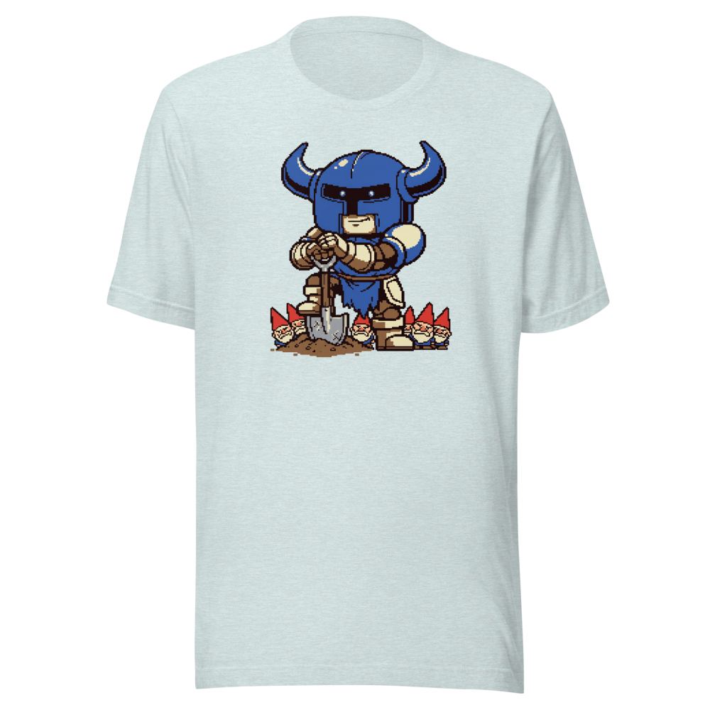 Pixel Knight Gnome Gardener Retro 16-Bit Gaming Tee — heather prism ice blue front view