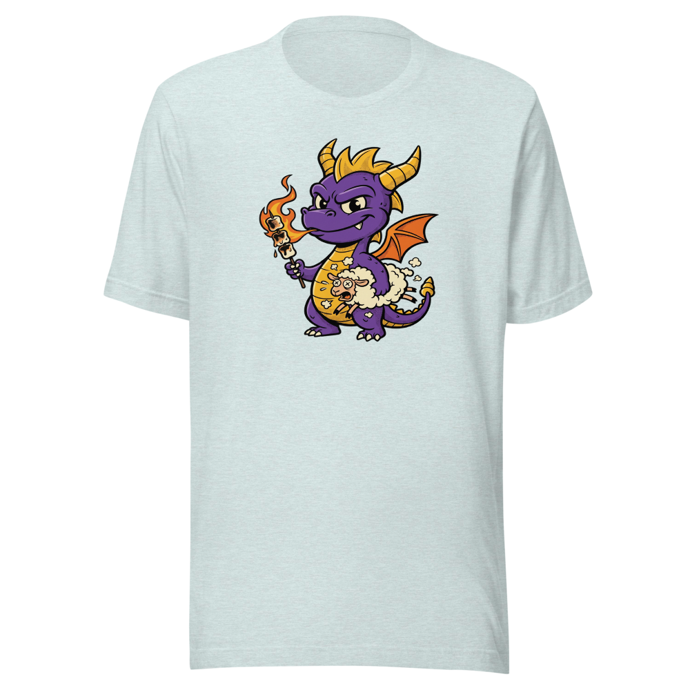 Purple Dragon Marshmallow Roast Retro Gamer Tee — heather prism ice blue front view