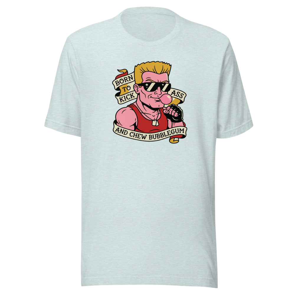 Bubblegum Action Hero Traditional Tattoo Flash Tee — heather prism ice blue front view