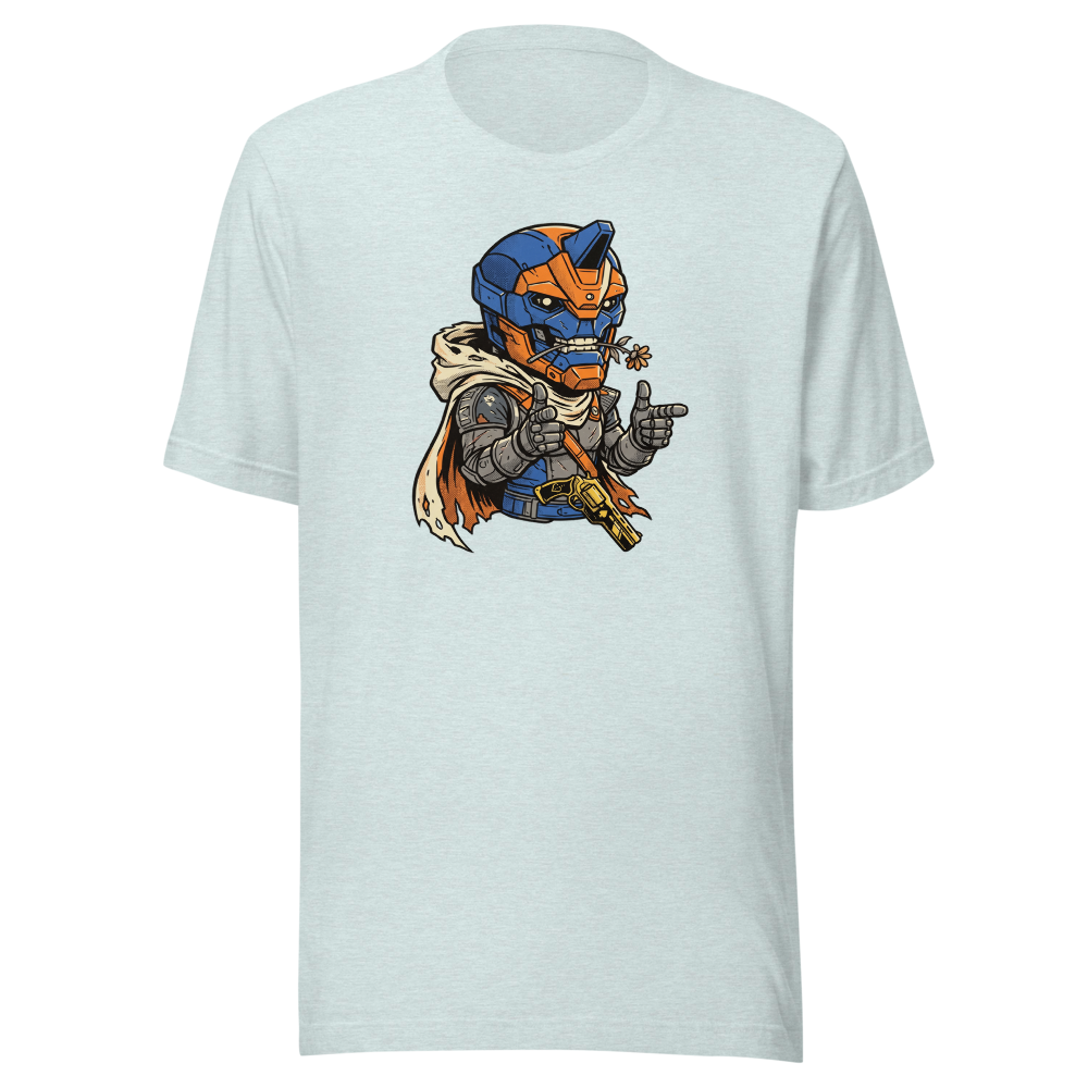 Wisecracking Exo Gunslinger Halftone Pop Art Tee — heather prism ice blue front view