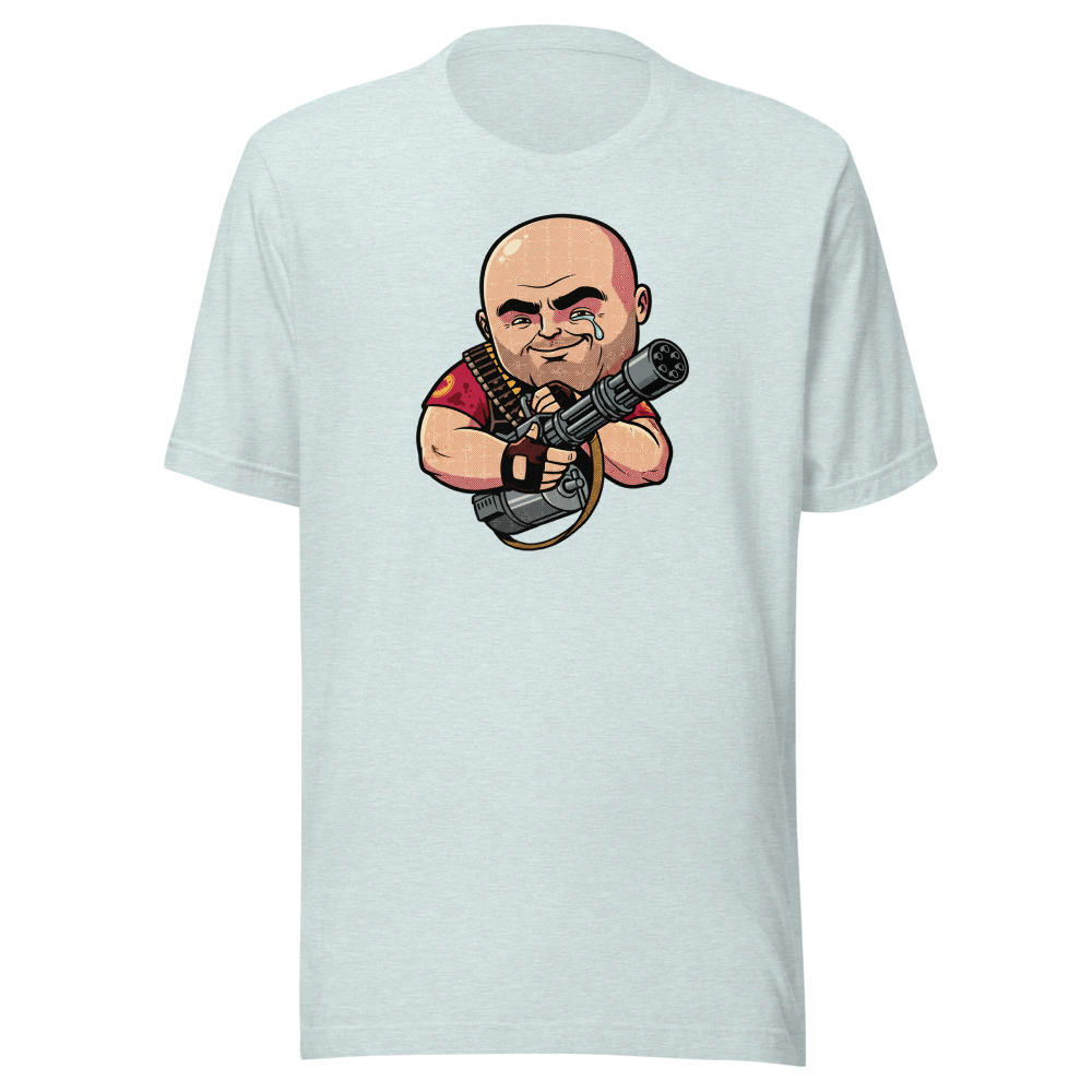 Big Russian Gunner Minigun Hug Pop Art Tee — heather prism ice blue front view