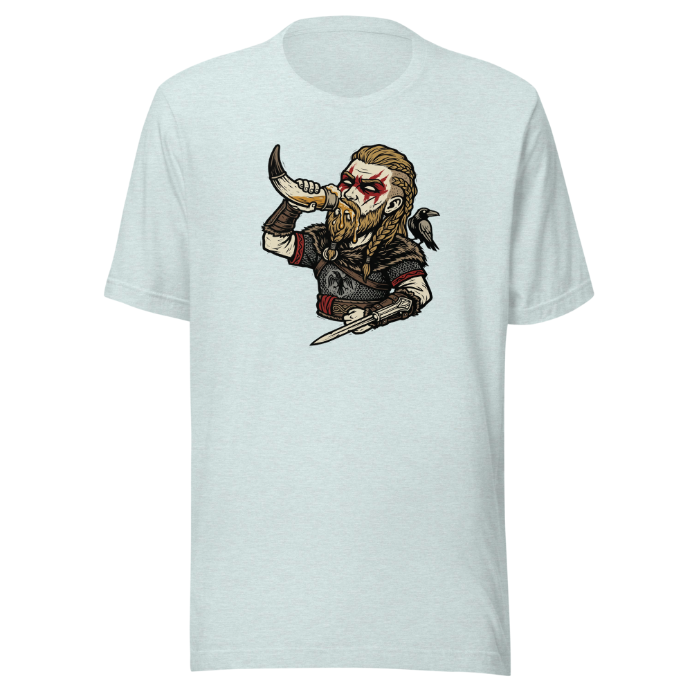 Viking Raider Mead Horn Hidden Blade Woodcut Tee — heather prism ice blue front view