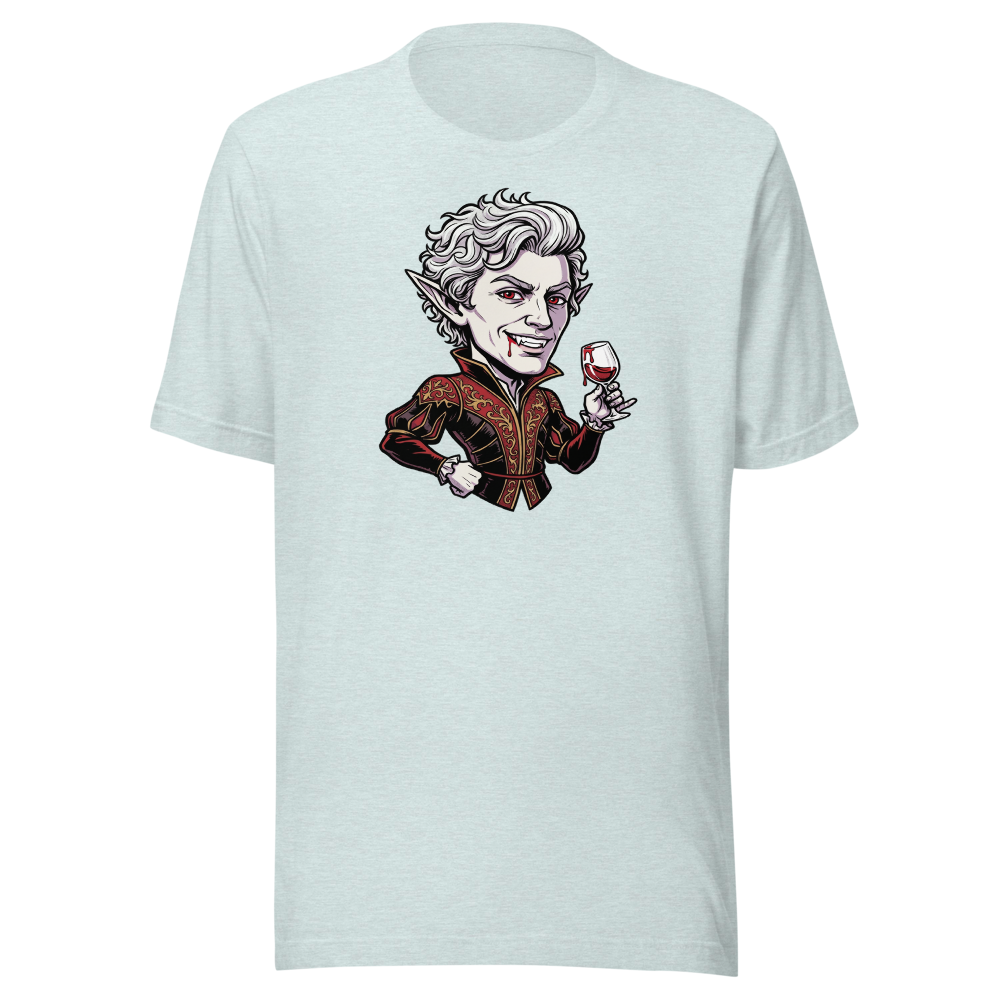 Smug Vampire Elf Rogue Comic Ink Tee — heather prism ice blue front view