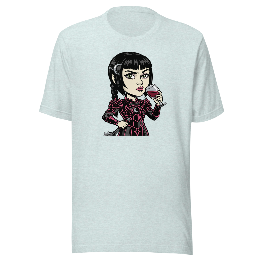 Moody Cleric Wine Judgment Comic Ink RPG Tee — heather prism ice blue front view