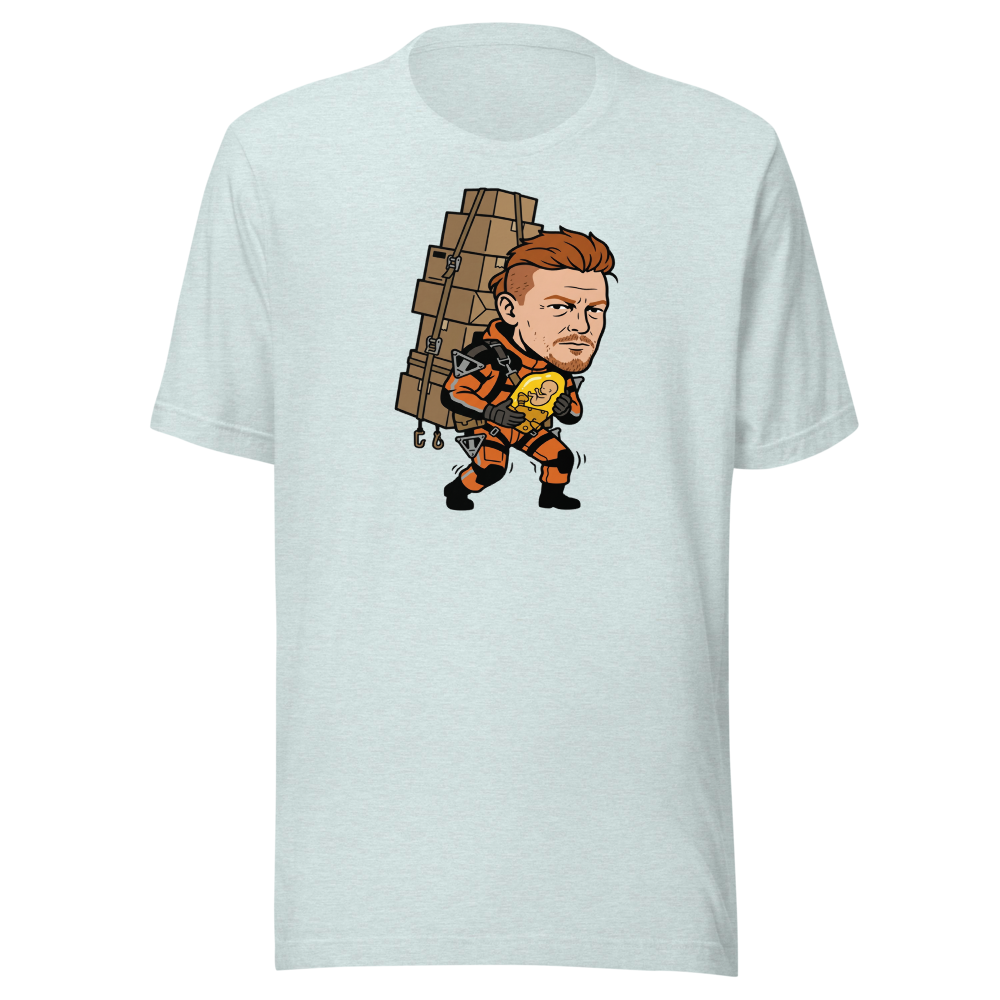 Overworked Courier Parcel Tower Delivery Tee — heather prism ice blue front view