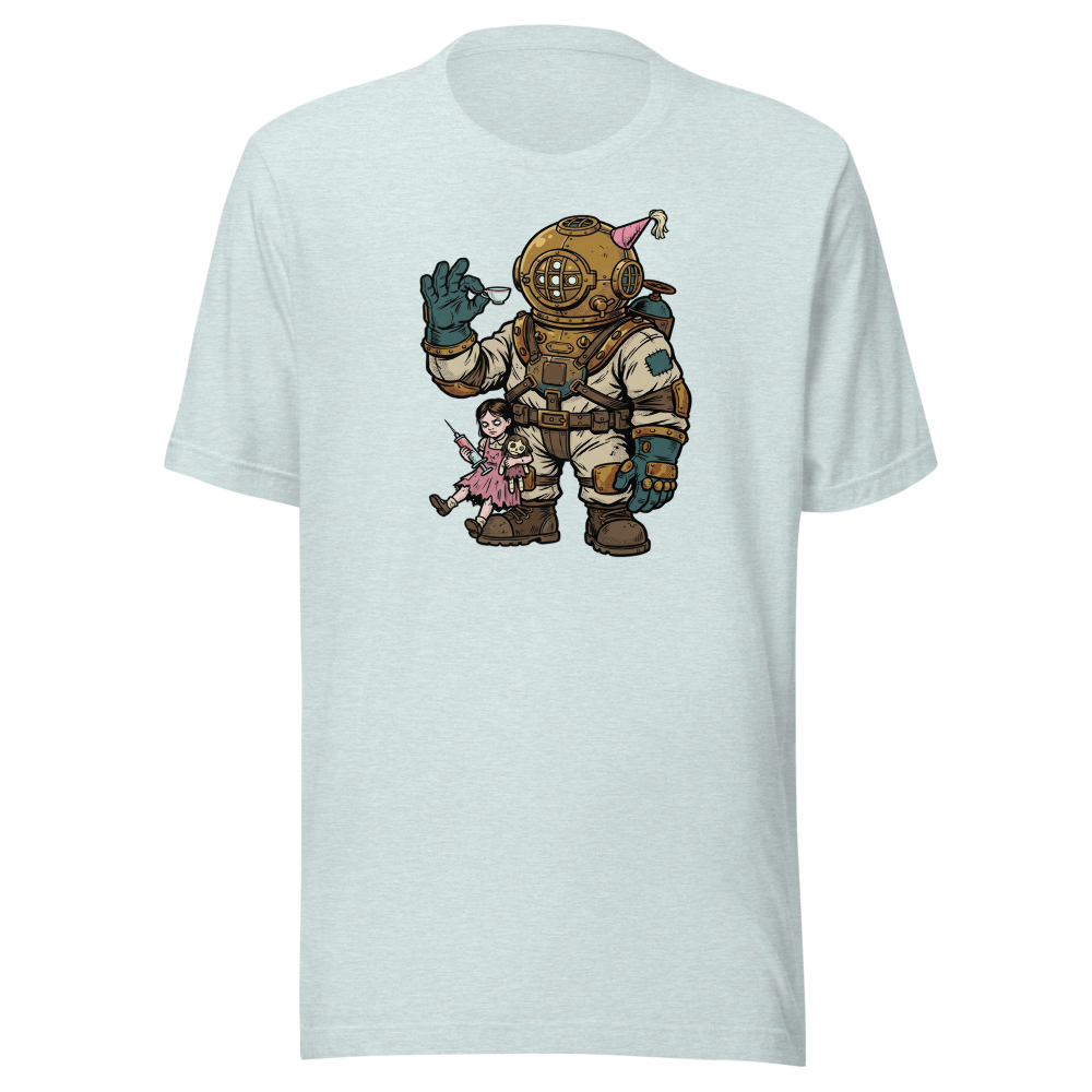 Deep Sea Diver Tea Party Comic Ink Graphic Tee — heather prism ice blue front view