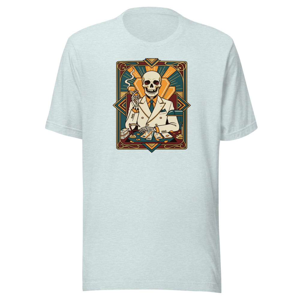 Skeleton Travel Agent Art Deco Noir Tee — heather prism ice blue front view