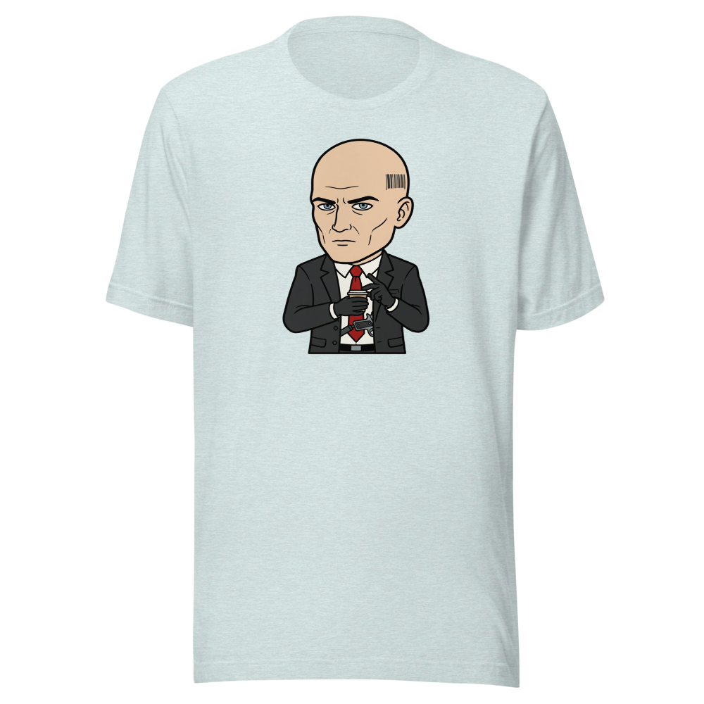 Deadpan Bald Assassin Cappuccino Order Tee — heather prism ice blue front view