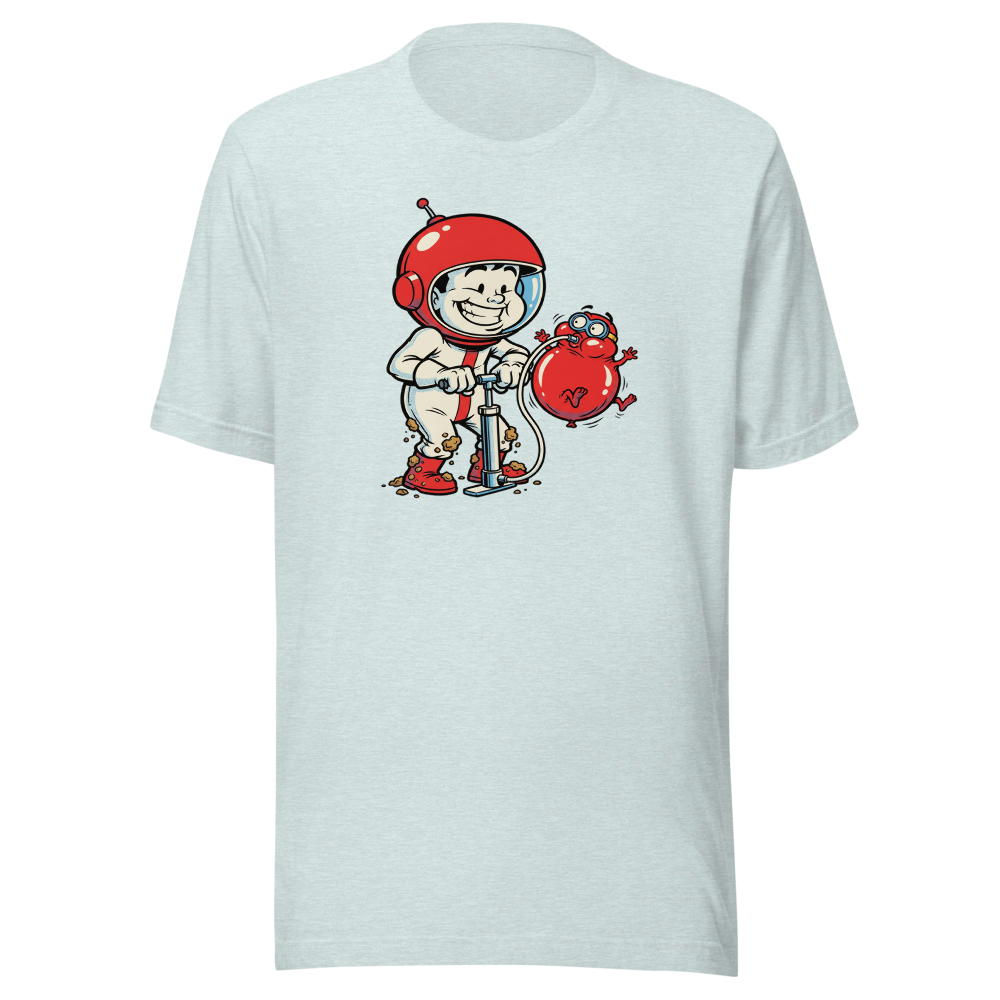 Retro Arcade Pump Clown Comic Ink Graphic Tee — heather prism ice blue front view