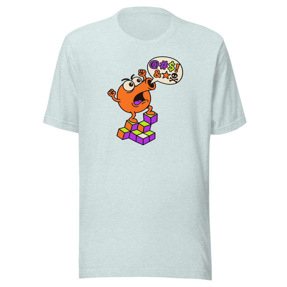 Rage Quit Arcade Gremlin Retro Cube Pyramid Tee — heather prism ice blue front view