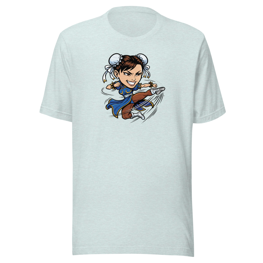 Arcade Fighter Spinning Kick Halftone Pop Art Tee — heather prism ice blue front view