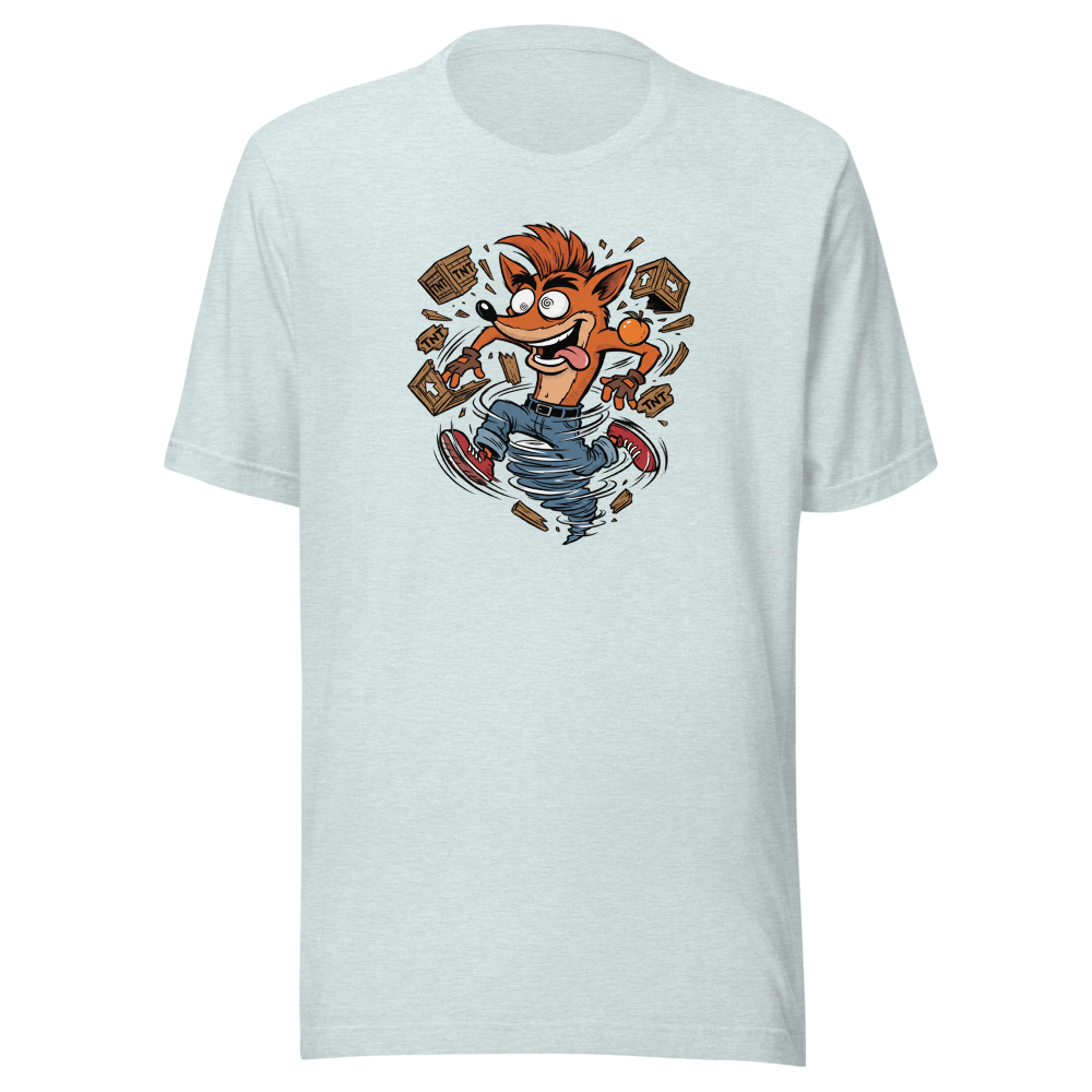 Spin Attack Marsupial Crate Smasher Retro Gaming Tee â€” Heather Prism Ice Blue front view