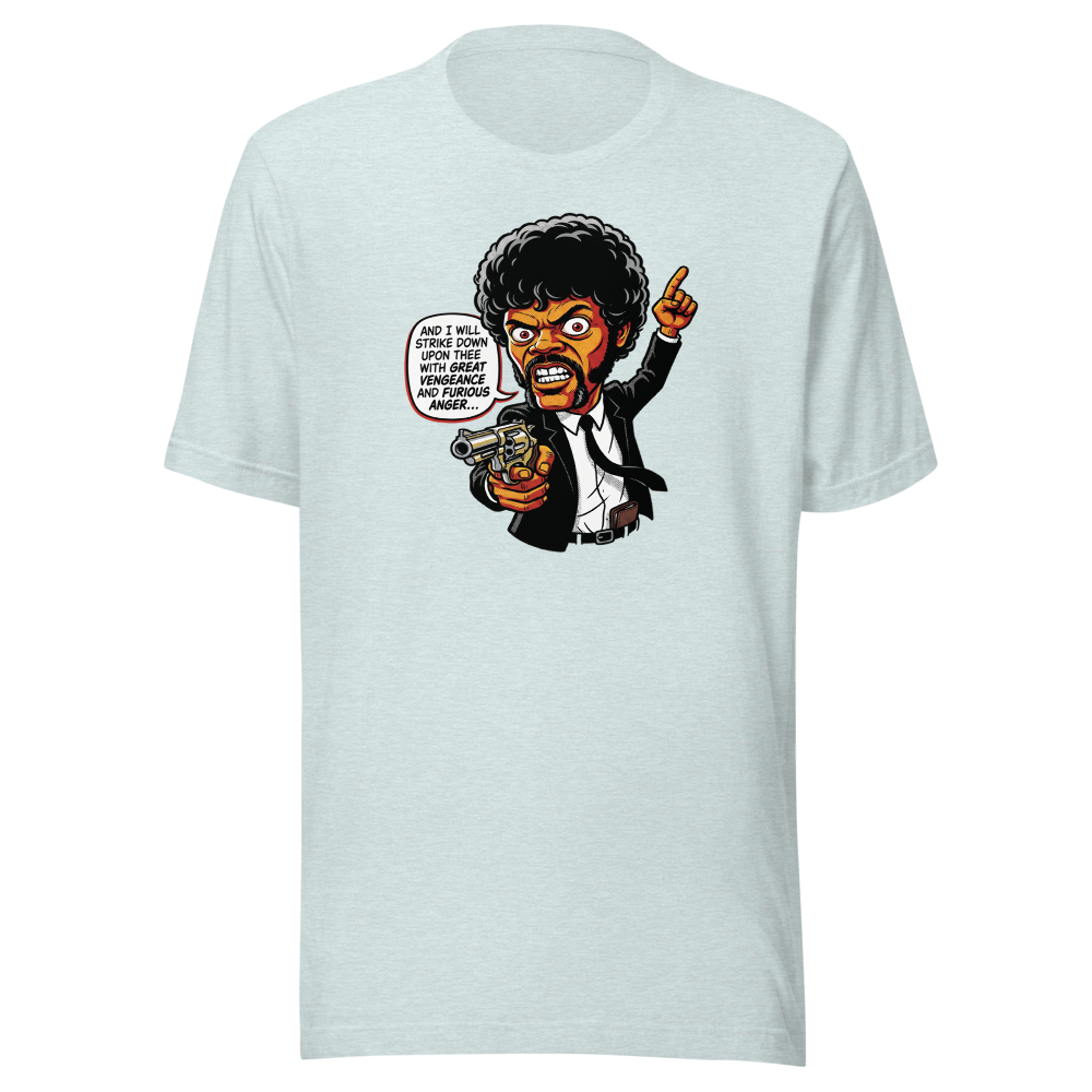 Righteous Hitman Halftone Pop Art Movie Tee — heather prism ice blue front view