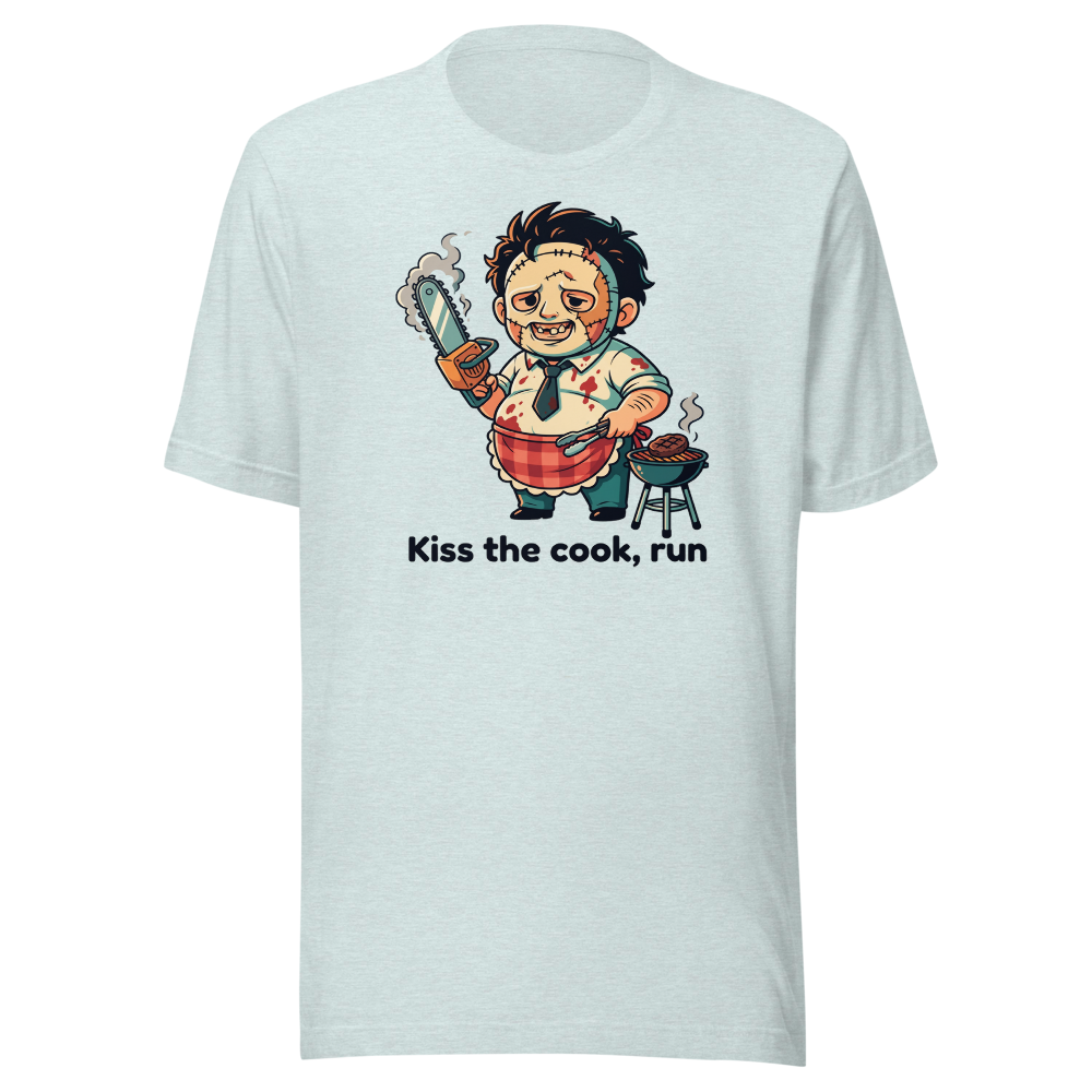 Chibi Slasher Grill Dad Chainsaw BBQ Horror Tee — heather prism ice blue front view