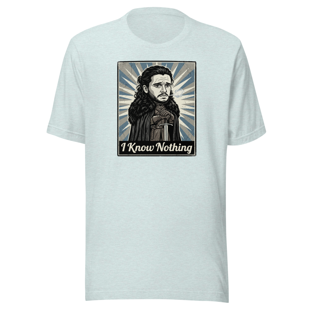 I Know Nothing Brooding Northern Hero Propaganda Tee — heather prism ice blue front view