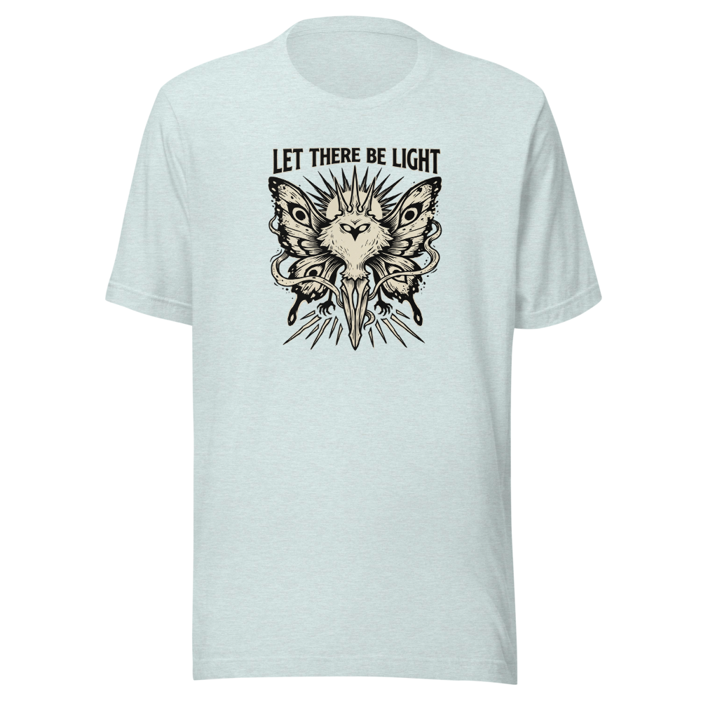 Moth Goddess Blackwork Linocut Let There Be Light Tee — heather prism ice blue front view