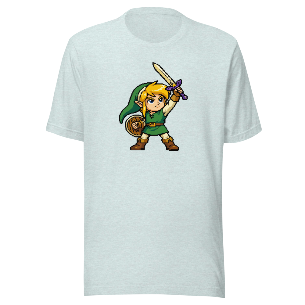 16-Bit Pixel Hero Sword Raise Retro Gamer Tee — heather prism ice blue front view