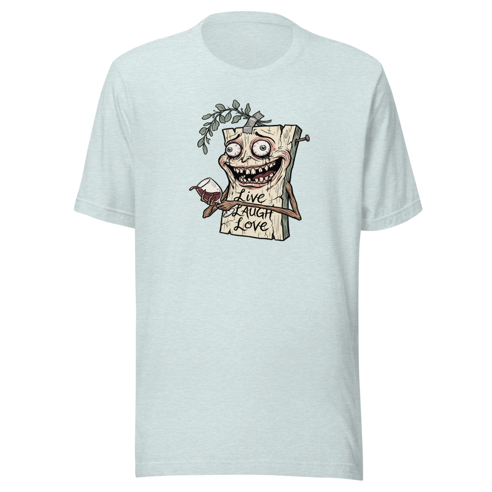 Cursed Farmhouse Plaque Meltdown Parody Tee — heather prism ice blue front view