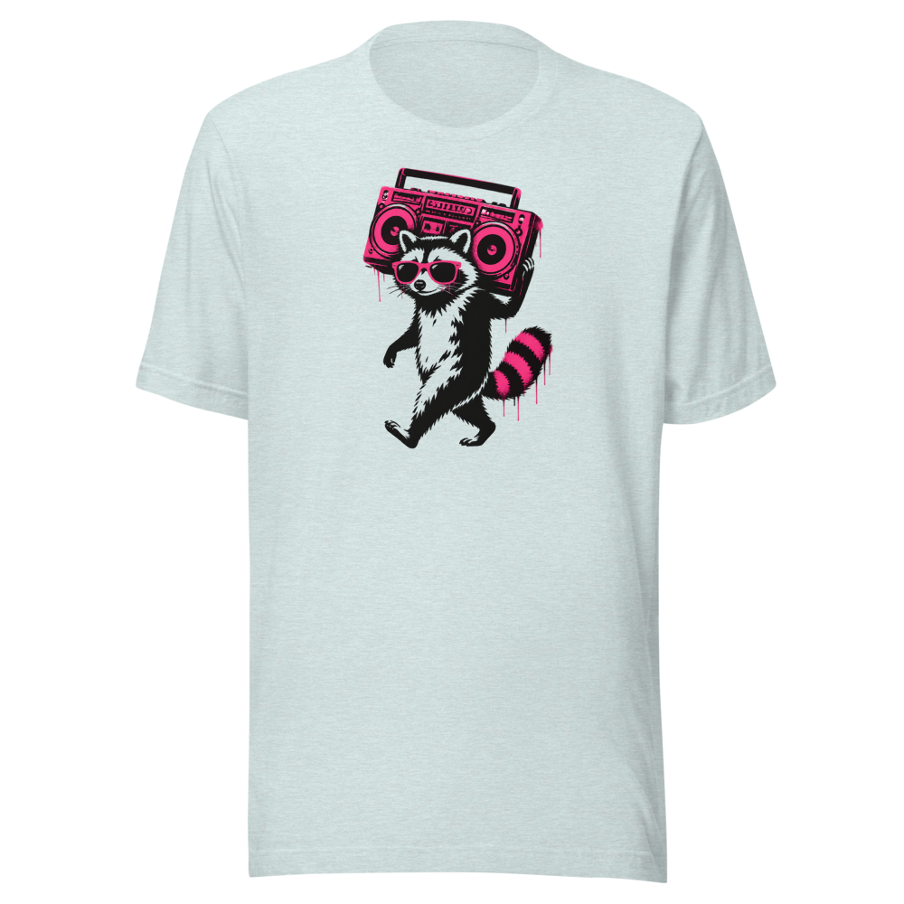 Stencil Raccoon With Boombox Street Art Tee — heather prism ice blue front view