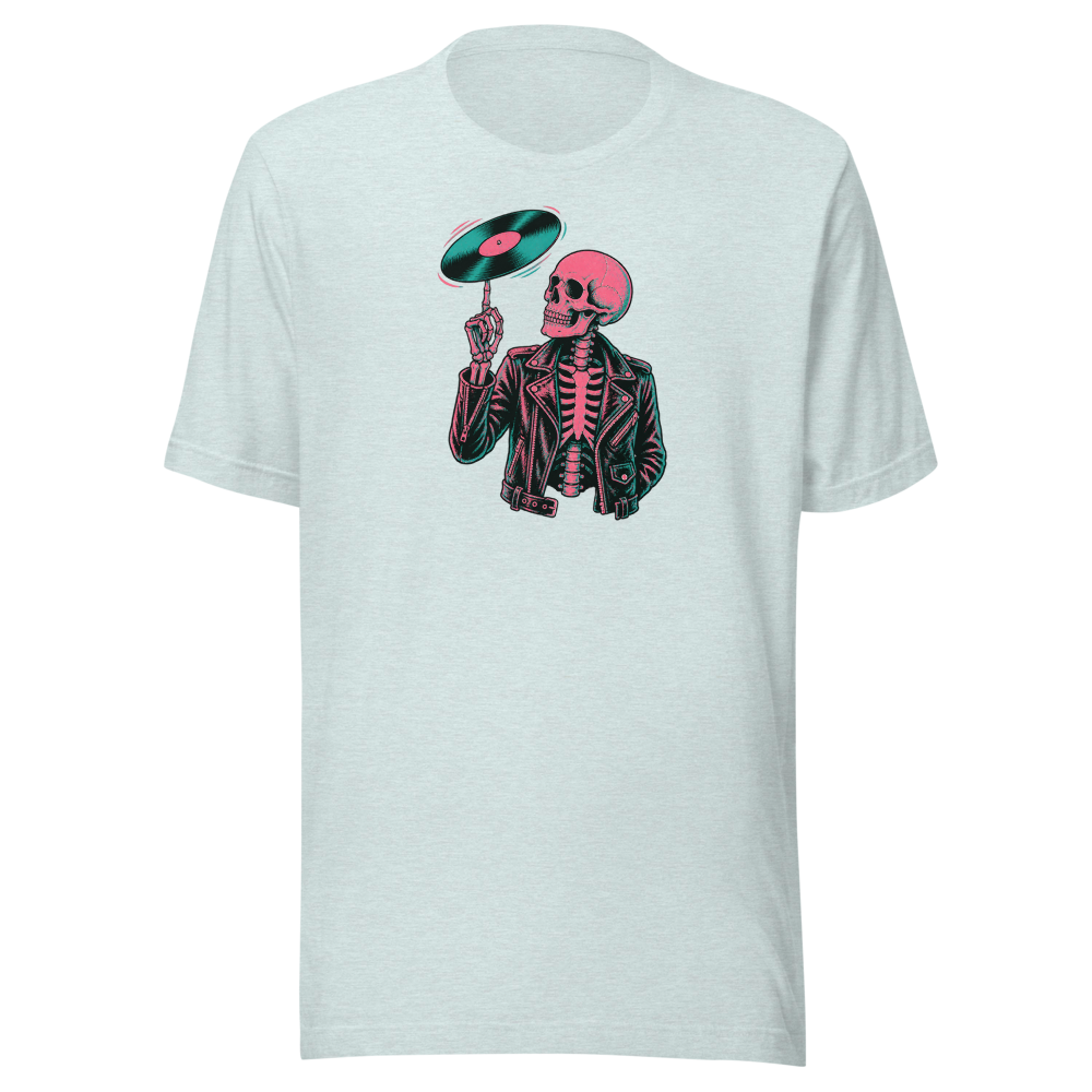 Riso Skeleton Vinyl Spin Gig Poster Punk Rock Tee — heather prism ice blue front view