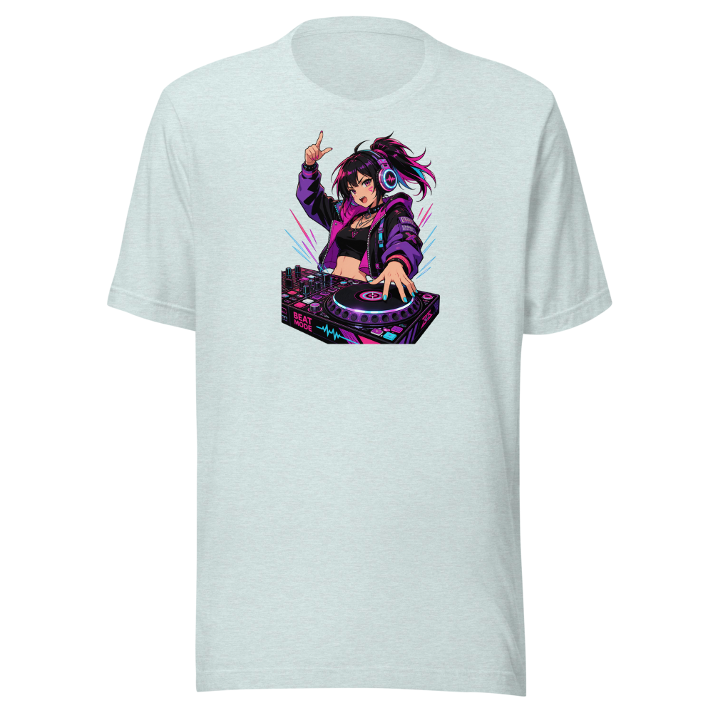 Anime Turntable Girl Synthwave Neon Drop Tee — heather prism ice blue front view