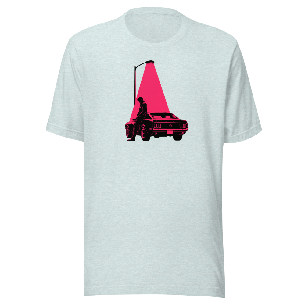Neon Noir Midnight Driver Muscle Car Silhouette Tee — Premium Tee — heather prism ice blue front view