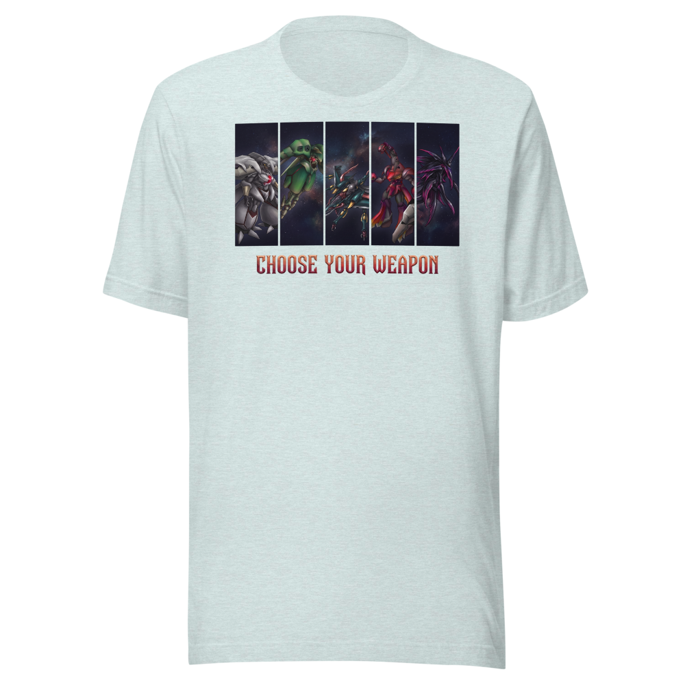 Choose Your Weapon Retro RPG Boss Roster Tee — heather prism ice blue front view