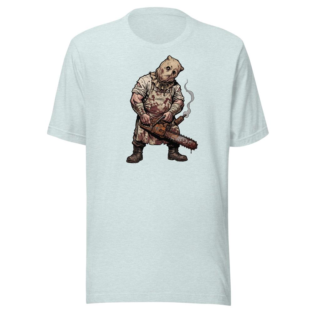 Sack Mask Chainsaw Executioner Horror Tee — heather prism ice blue front view