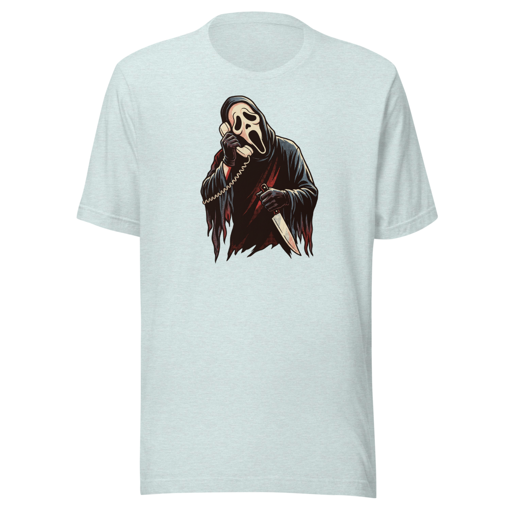 Masked Phone Caller On Hold Halftone Horror Tee — heather prism ice blue front view