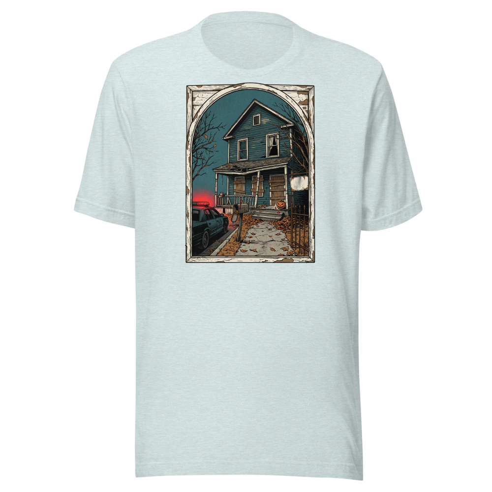 Haunted House Halloween Night Screen Print Horror Tee — Premium Tee — heather prism ice blue front view