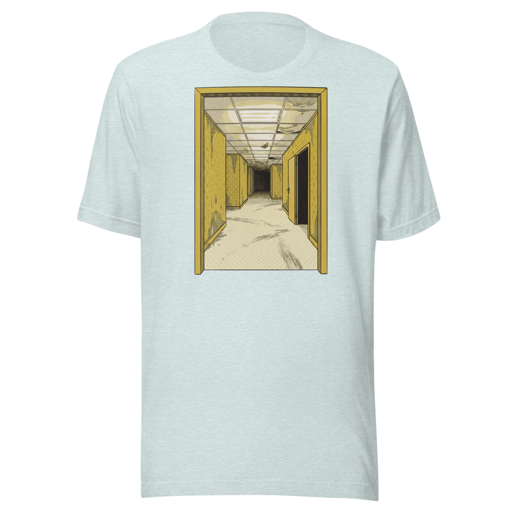 Yellow Liminal Hallway Endless Corridor Riso Tee — Premium Tee — heather prism ice blue front view