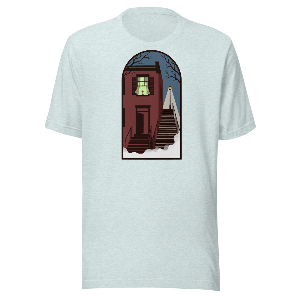Haunted Row House Stone Stairs Horror Night Tee — Premium Tee — heather prism ice blue front view