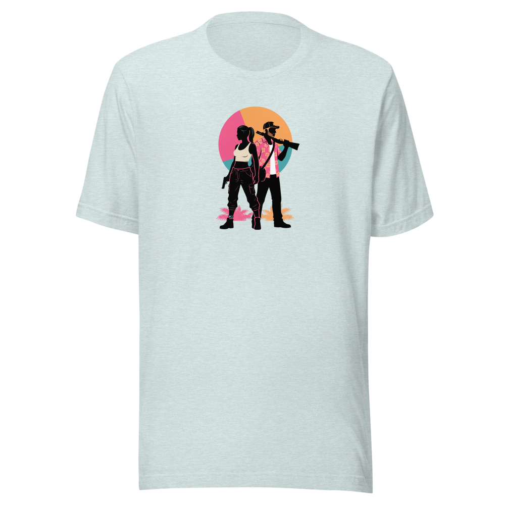 Outlaw Couple Neon Sunset Crime Duo Graphic Tee — heather prism ice blue front view