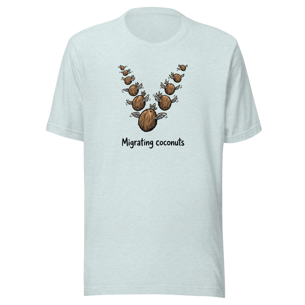 Migrating Coconuts V Formation Absurd Comedy Tee â€” Heather Prism Ice Blue front view