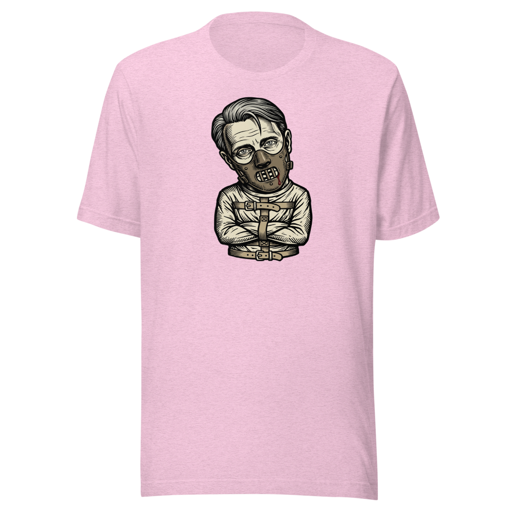 Polite Cannibal Muzzle Mask Linocut Horror Tee — Men's Premium Tee — heather prism lilac front view