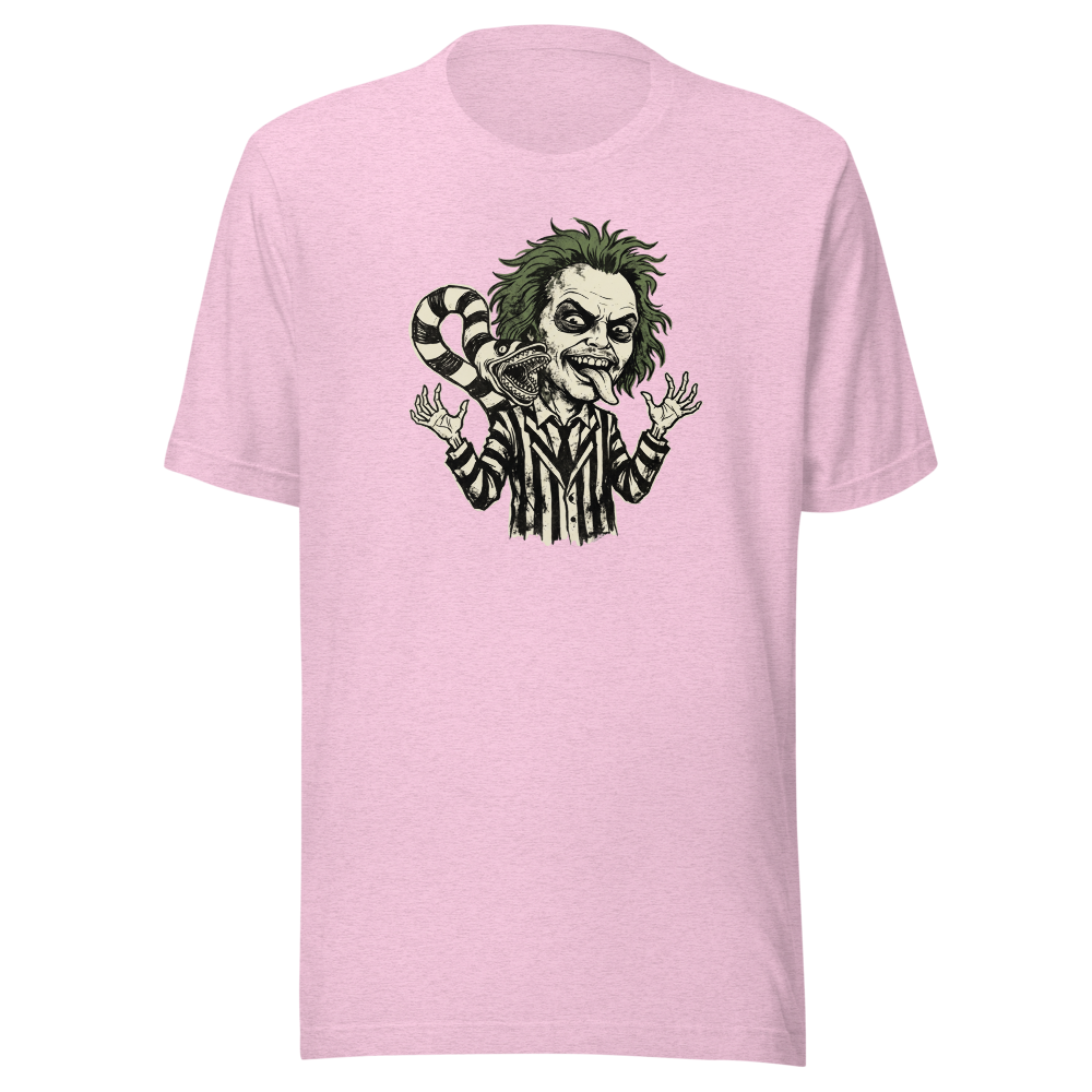 Bio-Exorcist Ghoul Pinstripe Punk Horror Comedy Tee — heather prism lilac front view