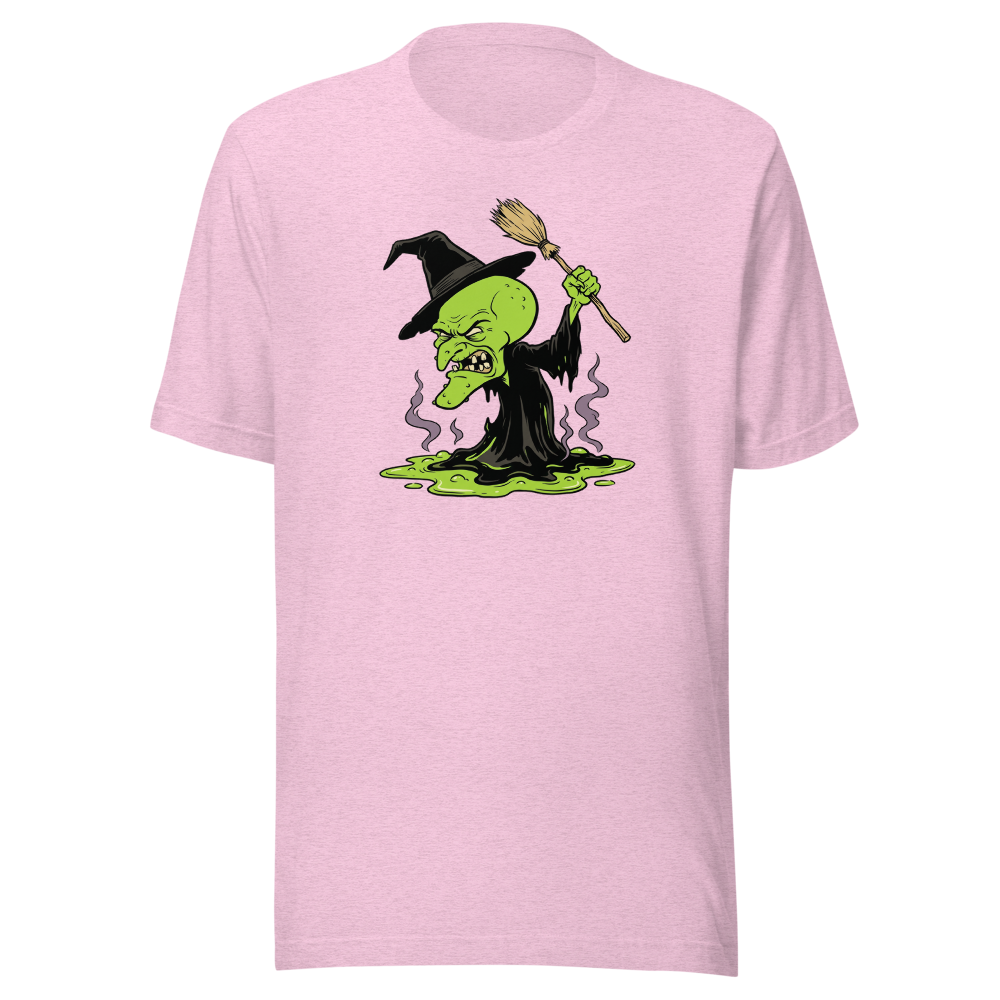 Melting Green Witch Editorial Cartoon Parody Tee — heather prism lilac front view