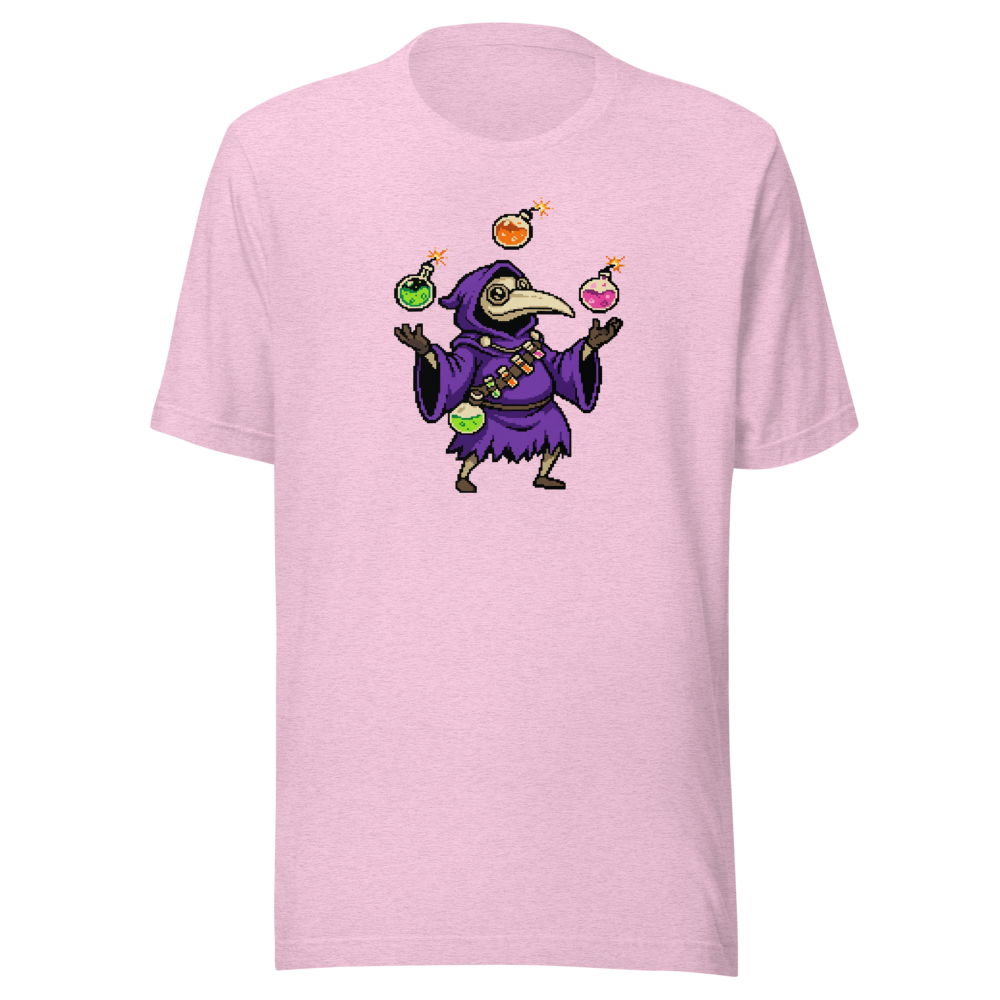 Hooded Pixel Alchemist Potion Juggler Retro Tee — heather prism lilac front view