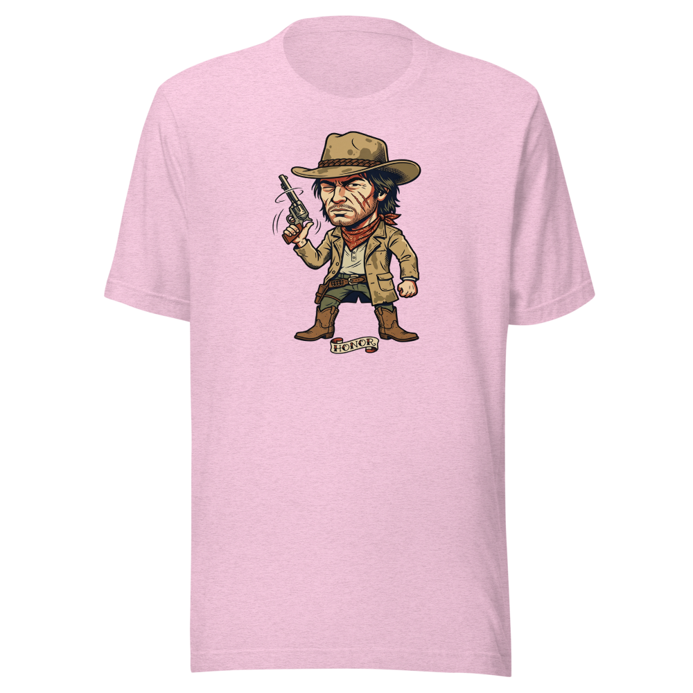 Scarred Outlaw Revolver Spinner Tattoo Flash Tee — heather prism lilac front view