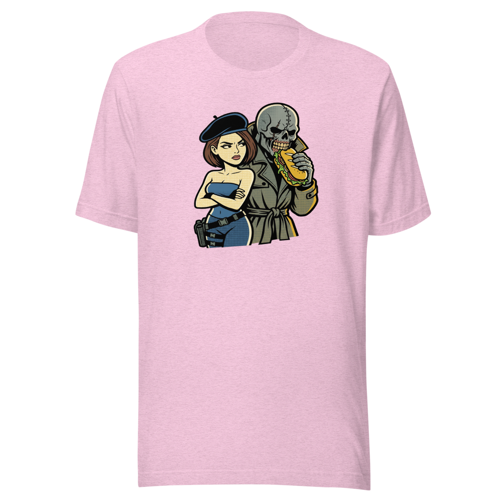 Parisian Beret Survival Horror Sandwich Parody Tee — heather prism lilac front view