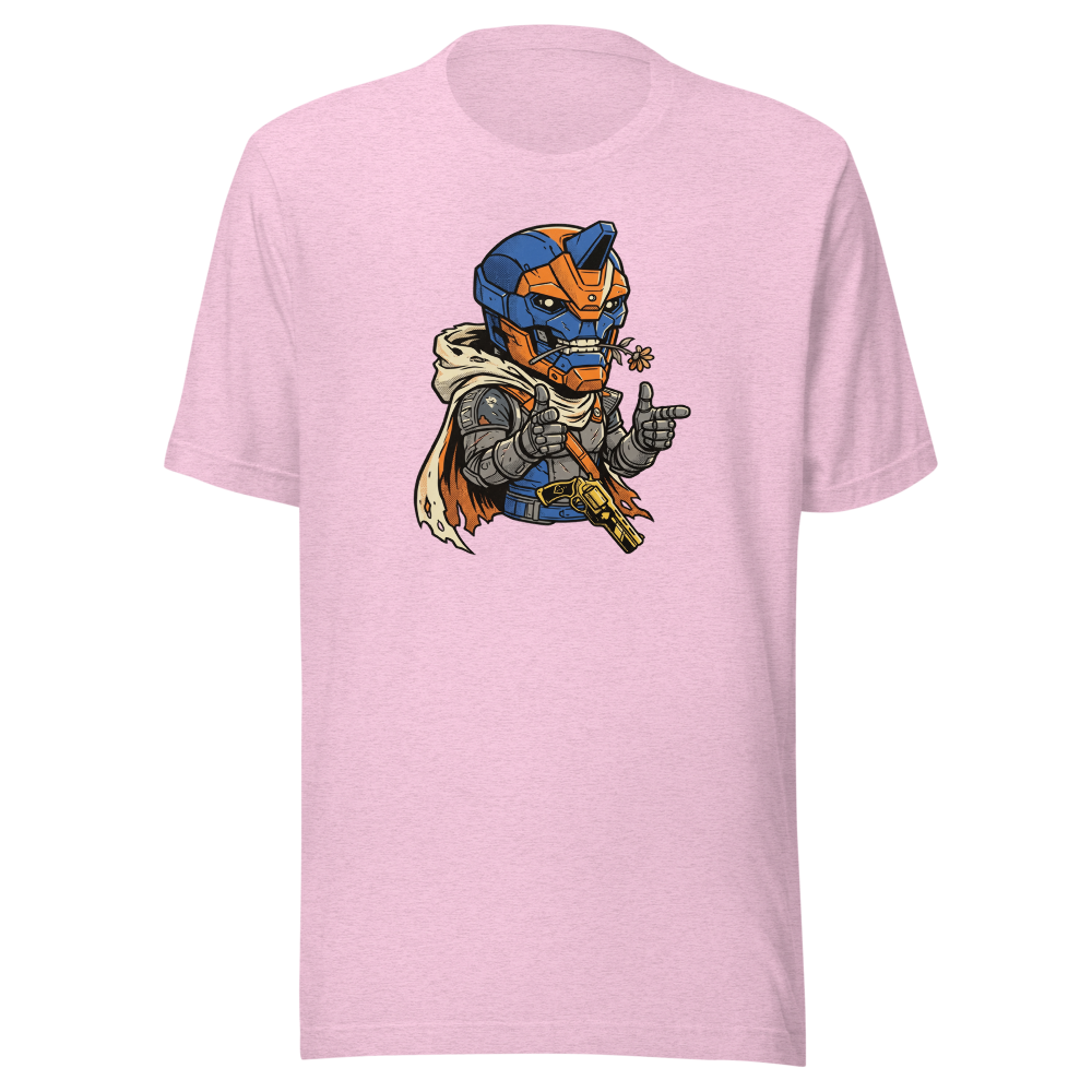 Wisecracking Exo Gunslinger Halftone Pop Art Tee — heather prism lilac front view
