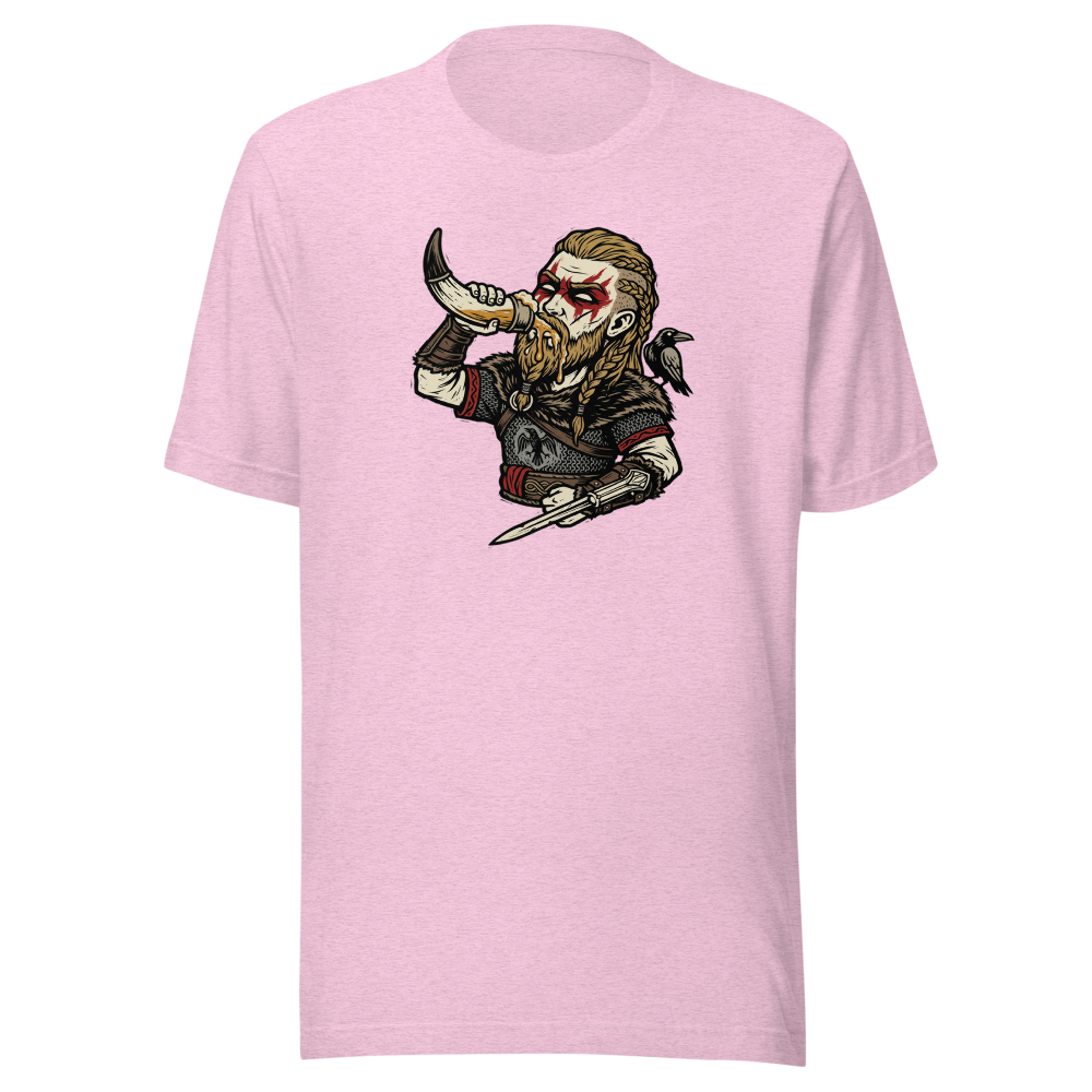 Viking Raider Mead Horn Hidden Blade Woodcut Tee — heather prism lilac front view