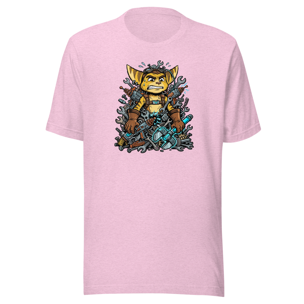 Overwhelmed Space Mechanic Wrench Pile Comic Tee — heather prism lilac front view