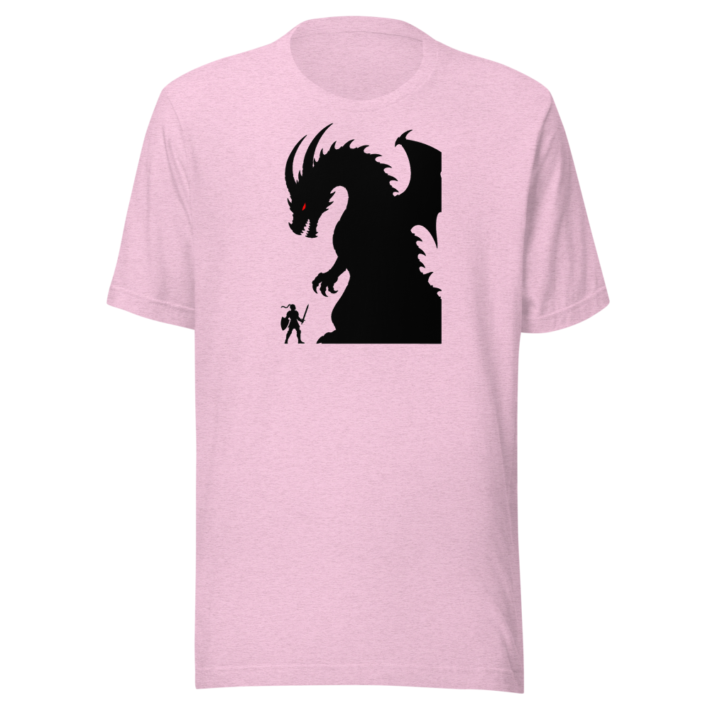 Tiny Hero Giant Boss Silhouette Minimalist Gamer T-Shirt — Premium Tee — heather prism lilac front view
